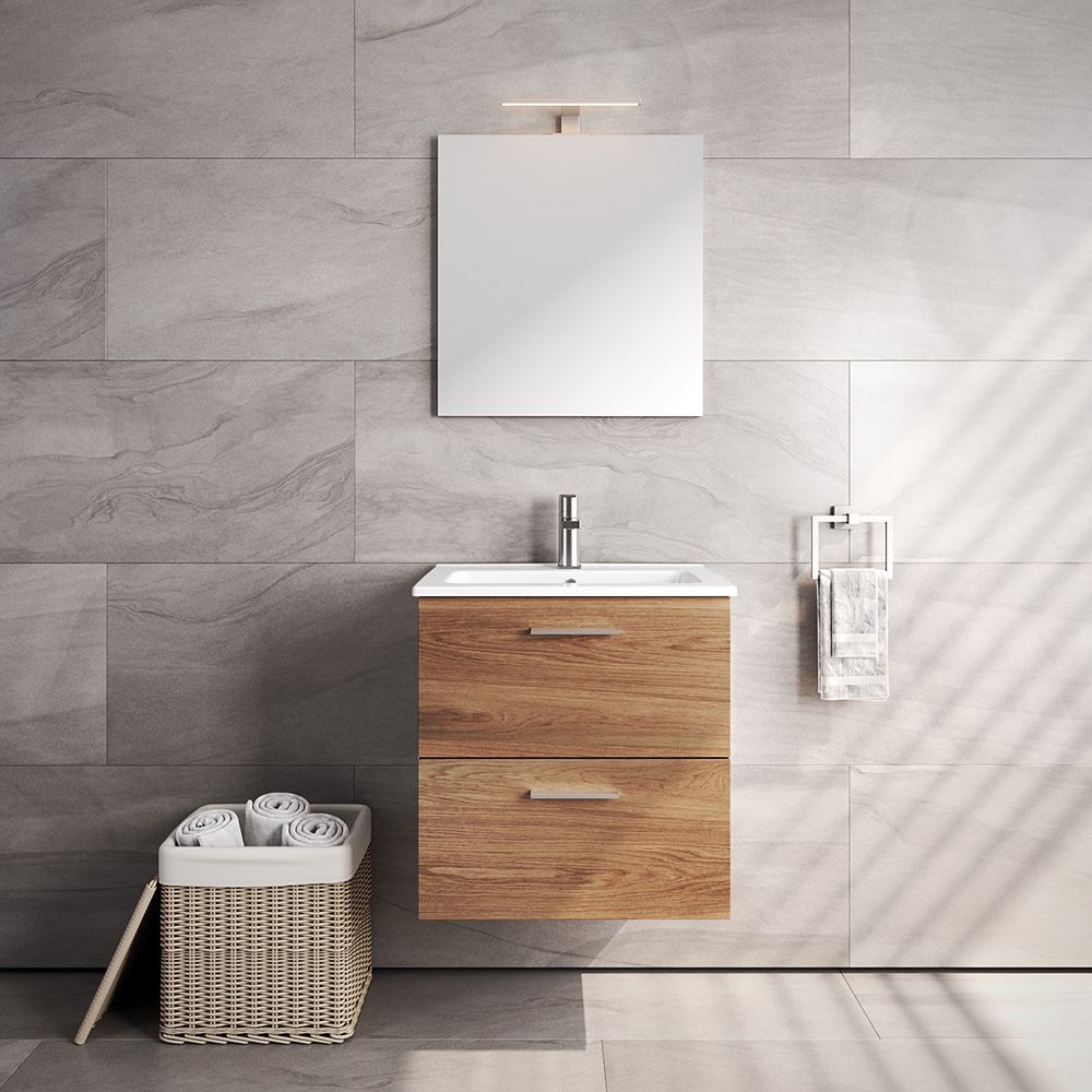 VitrA All-in-One : Natural Oak Bathroom Cabinet (59cm), Basin & LED Mirror Set