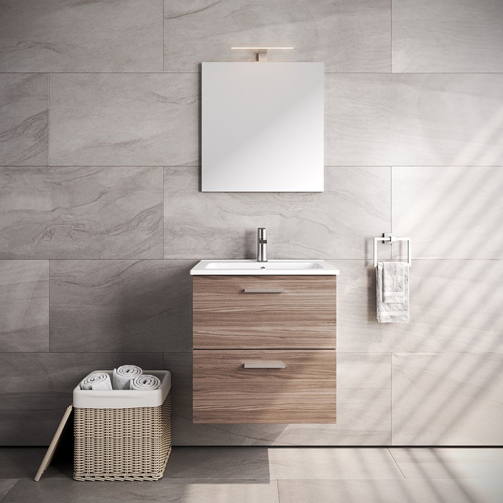 VitrA All-in-One : Natural Walnut Bathroom Cabinet (59cm), Basin & LED Mirror Set