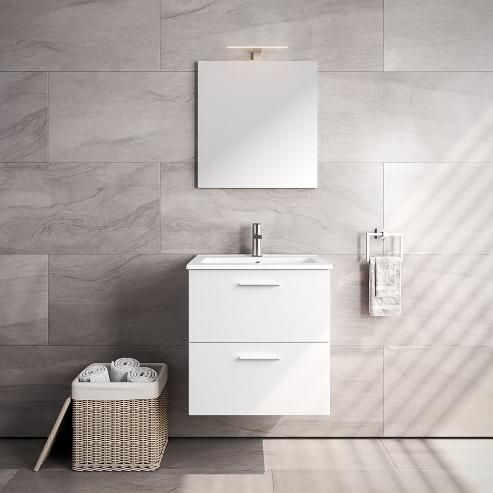 VitrA All-in-One : Glossy White Bathroom Cabinet (59cm), Basin & LED Mirror Set
