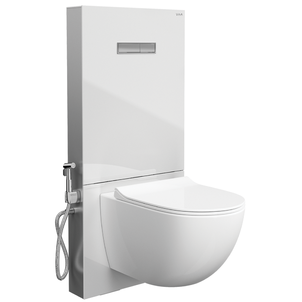 VitrA Full Set Glass WC Frame with Dual Flush Cistern & Trigger Spray - White