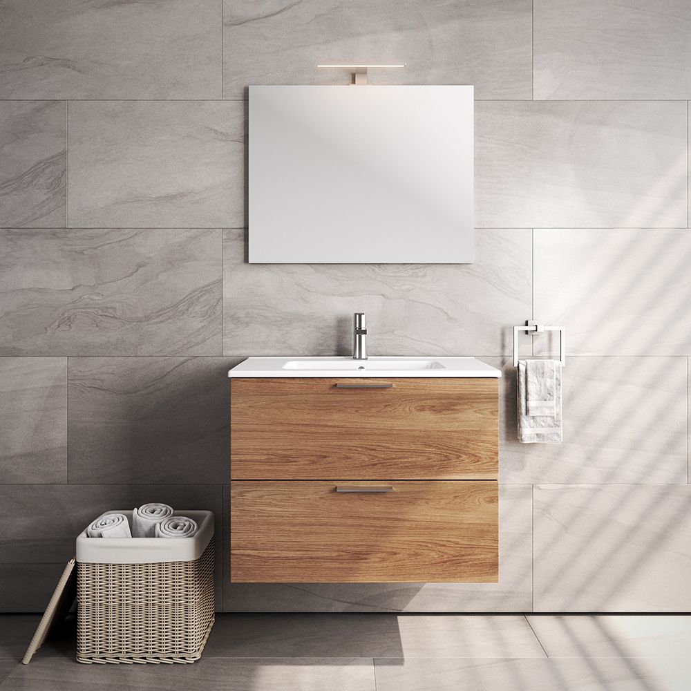 VitrA All-in-One : Natural Oak Bathroom Cabinet (79cm), Basin & LED Mirror Set